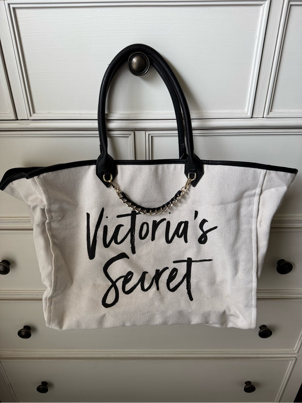 Victoria's Secret Beige Woven Tote with Black Trim and Chain Accent